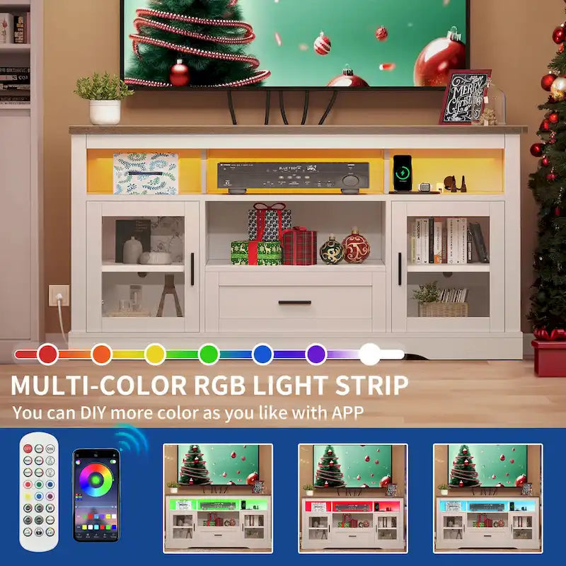 Meuble TV blanc à LED avec lumières RGB et portes en acrylique, compatible TV jusqu'à 70", montage par 1 personne