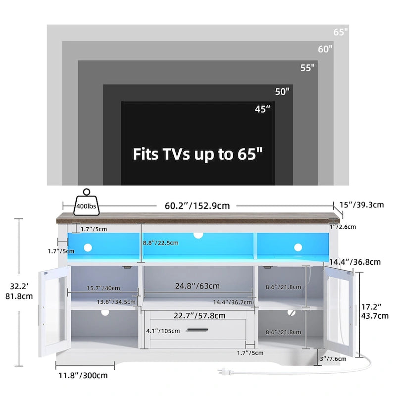 Meuble TV blanc à LED avec lumières RGB et portes en acrylique, compatible TV jusqu'à 70", montage par 1 personne