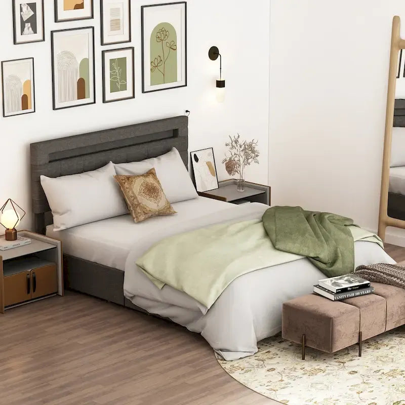 Lit plateforme queen gris avec tiroirs de rangement et tête de lit LED, convient pour 1 à 2 personnes