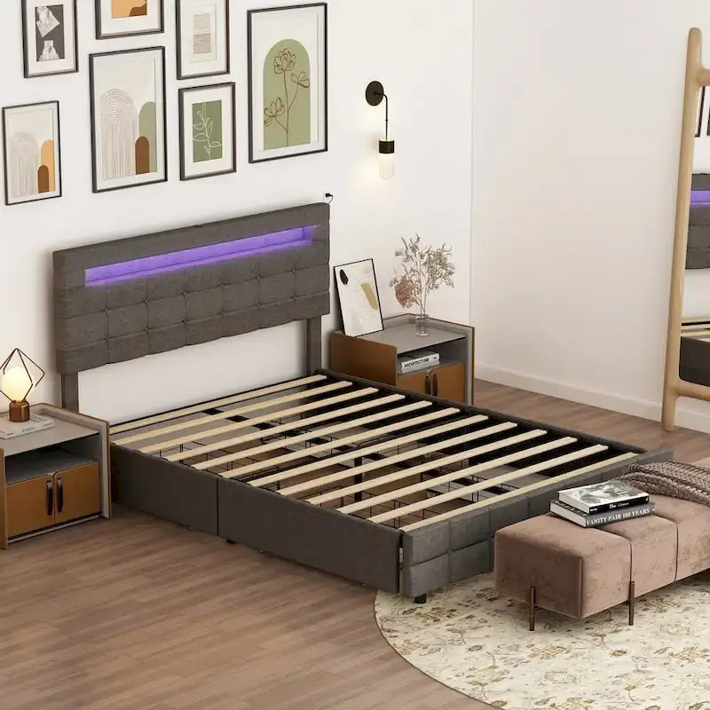 Lit plateforme queen gris avec tiroirs de rangement et tête de lit LED, convient pour 1 à 2 personnes