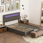 Lit plateforme queen gris avec tiroirs de rangement et tête de lit LED, convient pour 1 à 2 personnes