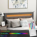 Lit plateforme queen gris avec tiroirs de rangement et tête de lit LED, convient pour 1 à 2 personnes