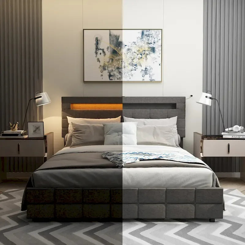 Lit plateforme queen gris avec tiroirs de rangement et tête de lit LED, convient pour 1 à 2 personnes