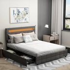 Lit plateforme queen gris avec tiroirs de rangement et tête de lit LED, convient pour 1 à 2 personnes