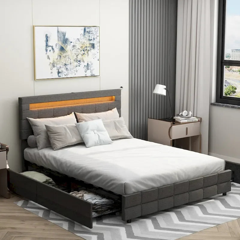Lit plateforme queen gris avec tiroirs de rangement et tête de lit LED, convient pour 1 à 2 personnes