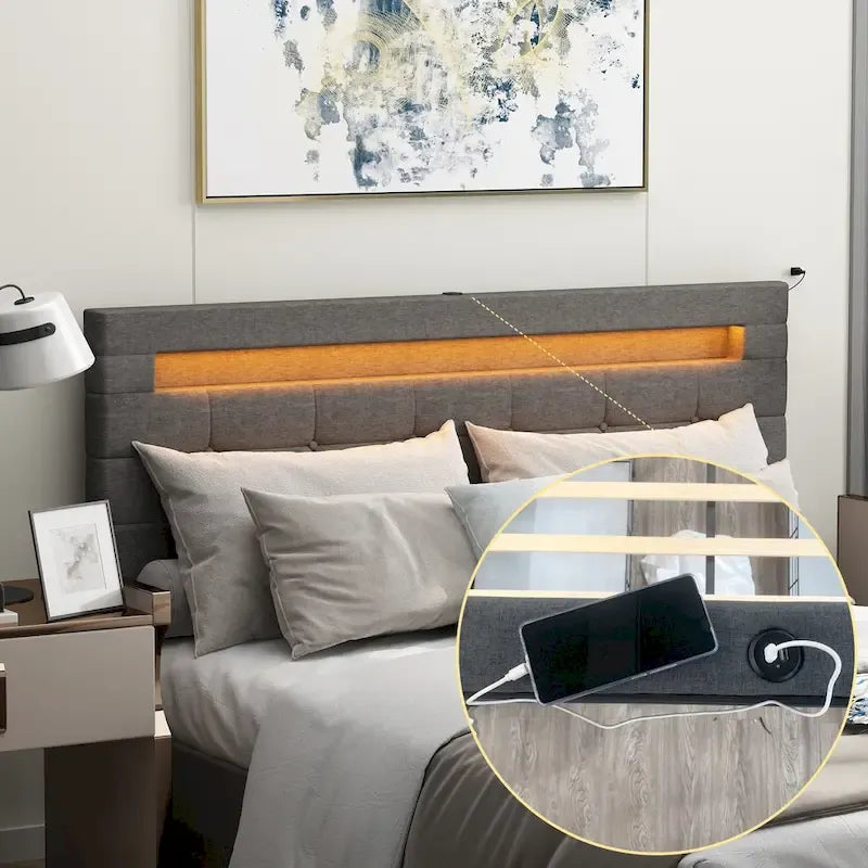Lit plateforme queen gris avec tiroirs de rangement et tête de lit LED, convient pour 1 à 2 personnes
