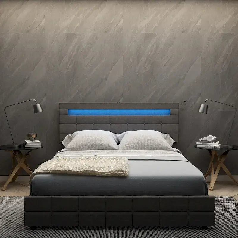 Lit plateforme queen gris avec tiroirs de rangement et tête de lit LED, convient pour 1 à 2 personnes