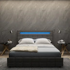 Lit plateforme queen gris avec tiroirs de rangement et tête de lit LED, convient pour 1 à 2 personnes
