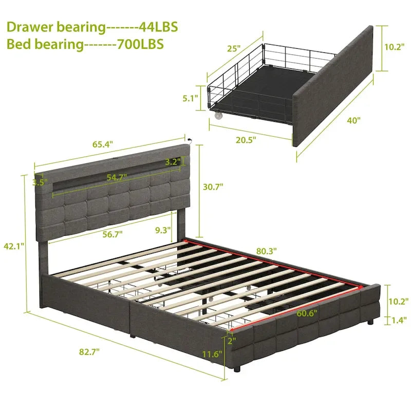 Lit plateforme queen gris avec tiroirs de rangement et tête de lit LED, convient pour 1 à 2 personnes