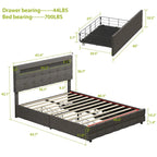 Lit plateforme queen gris avec tiroirs de rangement et tête de lit LED, convient pour 1 à 2 personnes