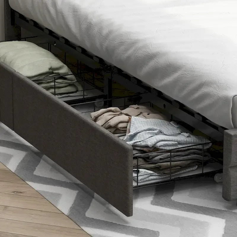 Lit plateforme queen gris avec tiroirs de rangement et tête de lit LED, convient pour 1 à 2 personnes
