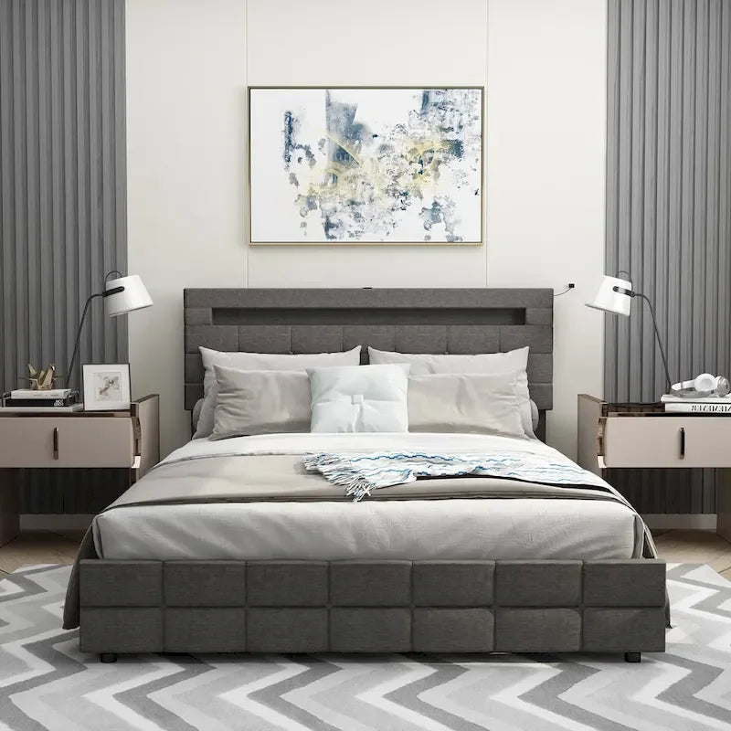 Lit plateforme queen gris avec tiroirs de rangement et tête de lit LED, convient pour 1 à 2 personnes