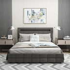 Lit plateforme queen gris avec tiroirs de rangement et tête de lit LED, convient pour 1 à 2 personnes