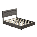 Lit plateforme queen gris avec tiroirs de rangement et tête de lit LED, convient pour 1 à 2 personnes