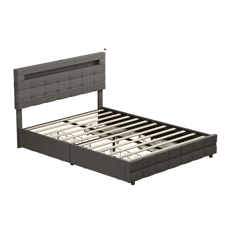 Lit plateforme queen gris avec tiroirs de rangement et tête de lit LED, convient pour 1 à 2 personnes