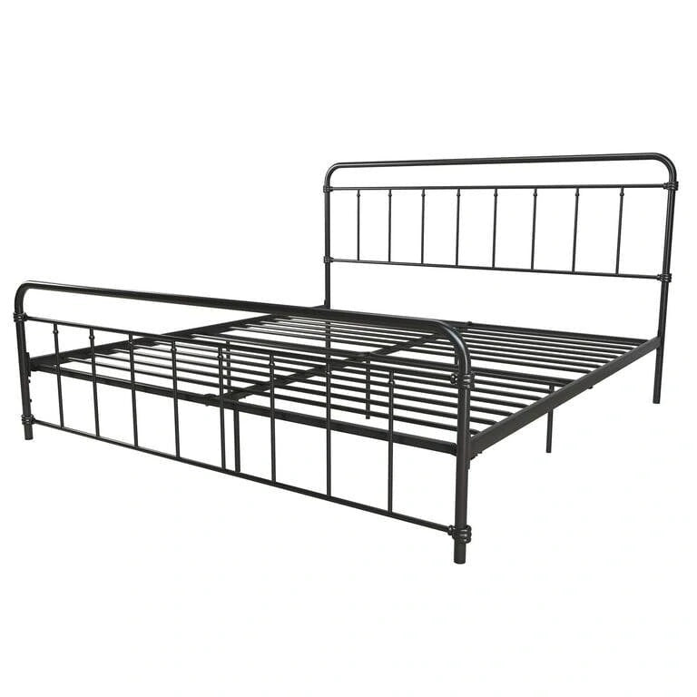 Cadre de lit plateforme vintage en métal noir avec tête et pied de lit, King, 2 personnes