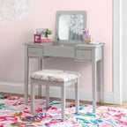 Coiffeuse argentée avec miroir pivotant et tabouret capitonné – 1 pièce