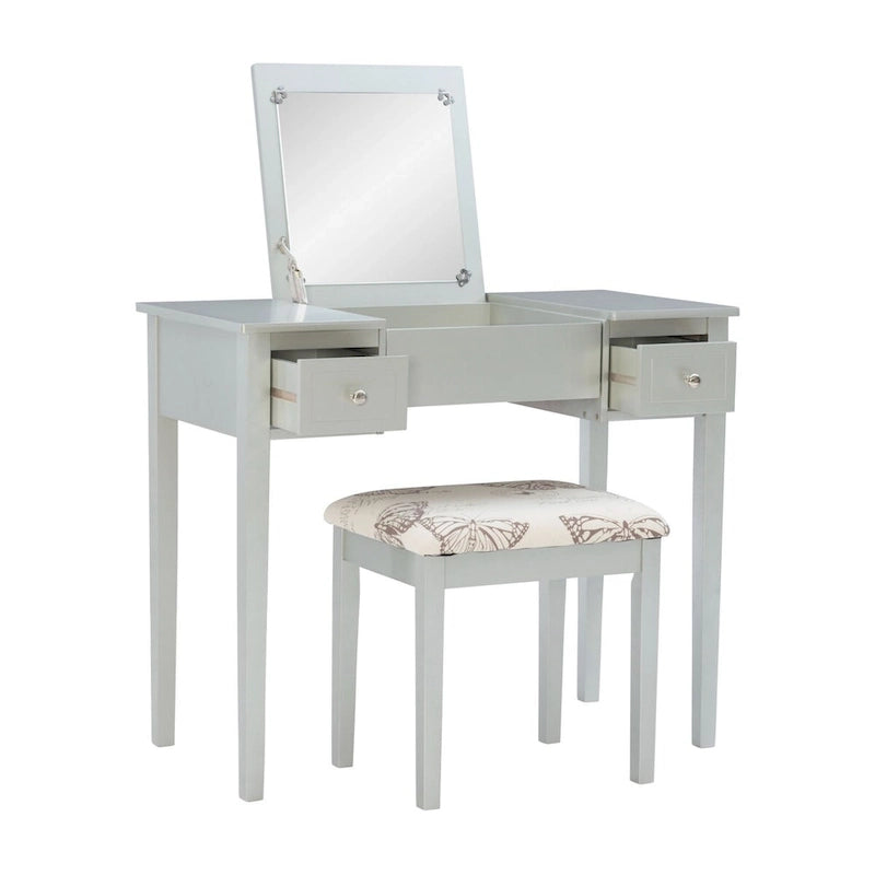 Coiffeuse argentée avec miroir pivotant et tabouret capitonné – 1 pièce