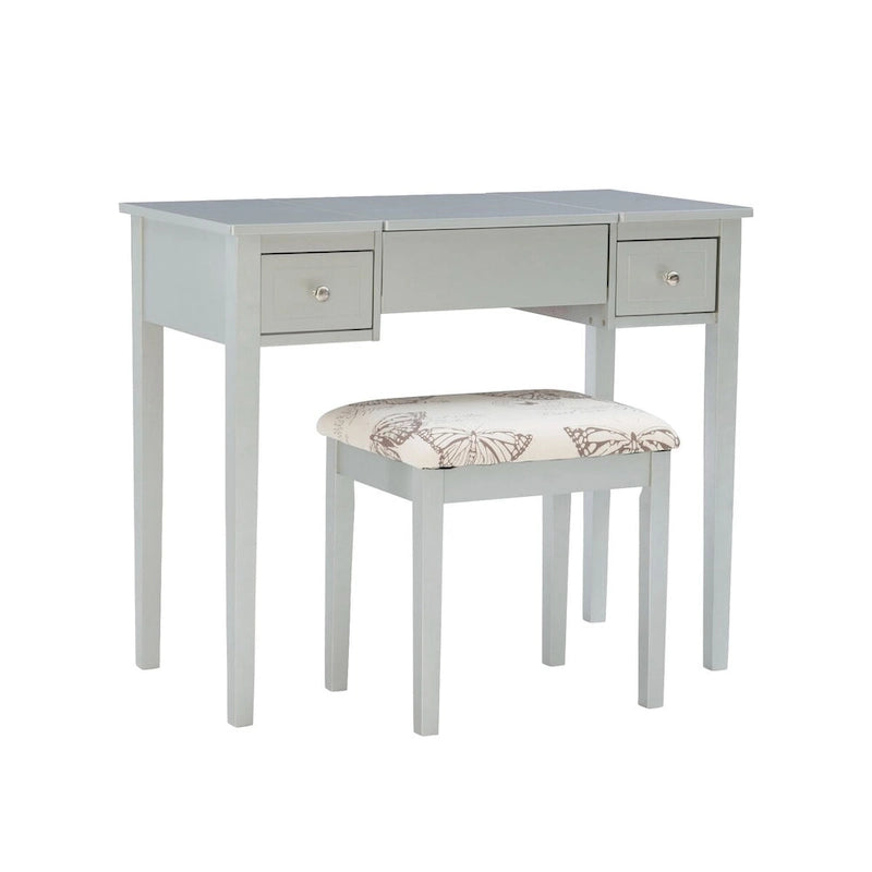 Coiffeuse argentée avec miroir pivotant et tabouret capitonné – 1 pièce