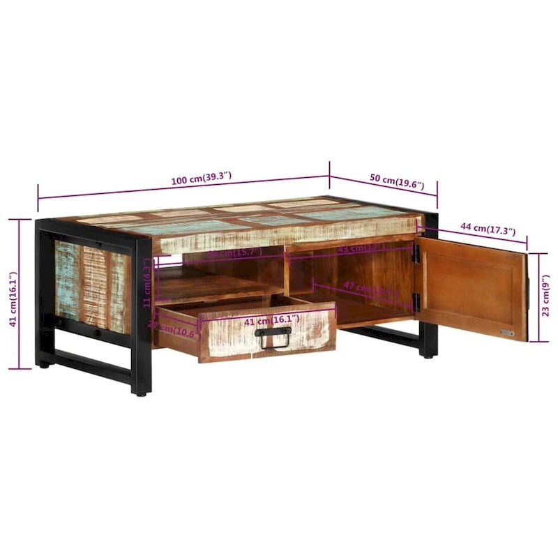 Table basse en bois recyclé avec rangement, style industriel, 1 pièce