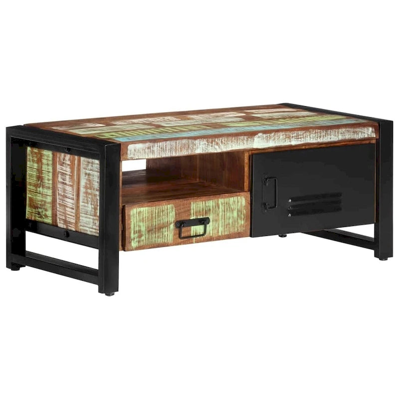Table basse en bois recyclé avec rangement, style industriel, 1 pièce