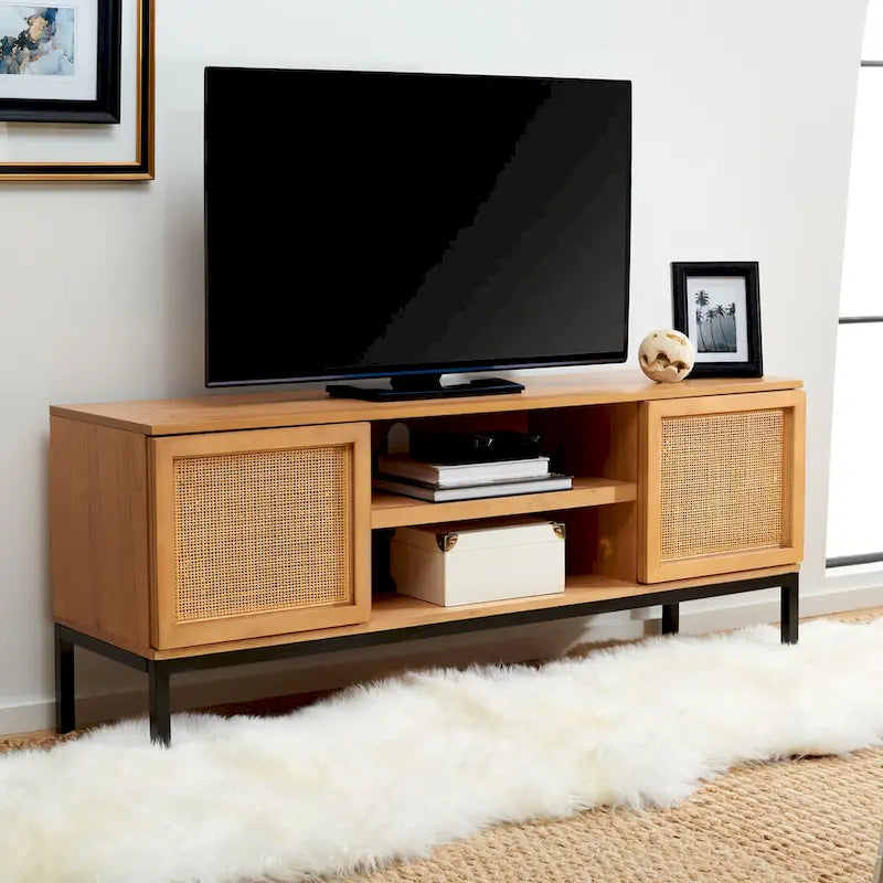 Meuble TV en rotin noir/naturel à 2 portes, L 137 cm – 1 unité