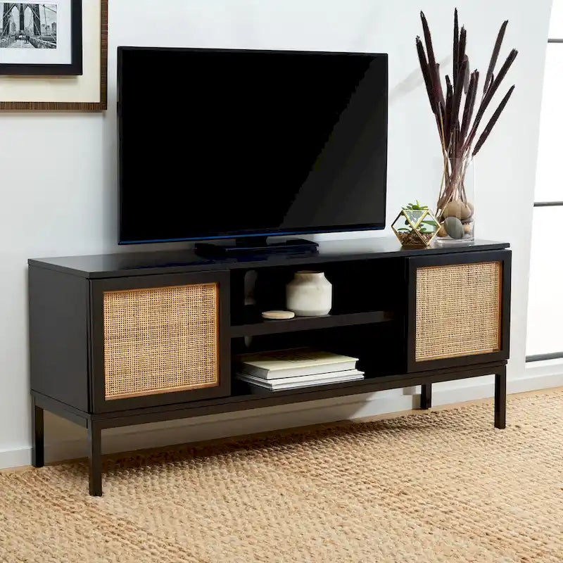 Meuble TV en rotin noir/naturel à 2 portes, L 137 cm – 1 unité