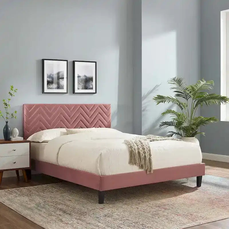 Lit Queen plateforme en velours capitonné à chevrons bleu / blanc / anthracite / rose – 1 personne