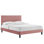 Lit Queen plateforme en velours capitonné à chevrons bleu / blanc / anthracite / rose – 1 personne