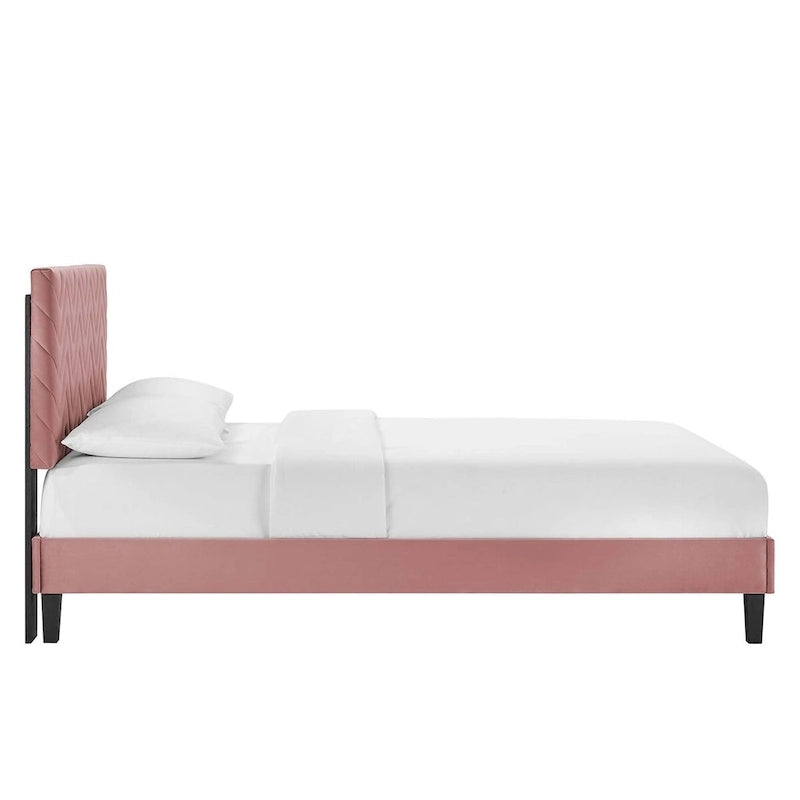 Lit Queen plateforme en velours capitonné à chevrons bleu / blanc / anthracite / rose – 1 personne