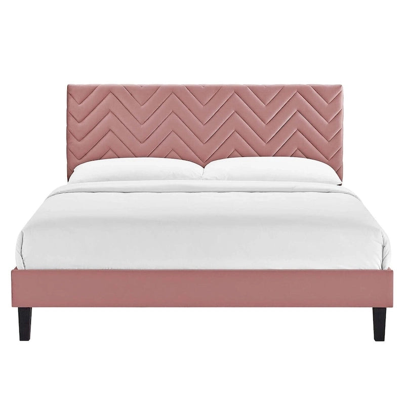 Lit Queen plateforme en velours capitonné à chevrons bleu / blanc / anthracite / rose – 1 personne