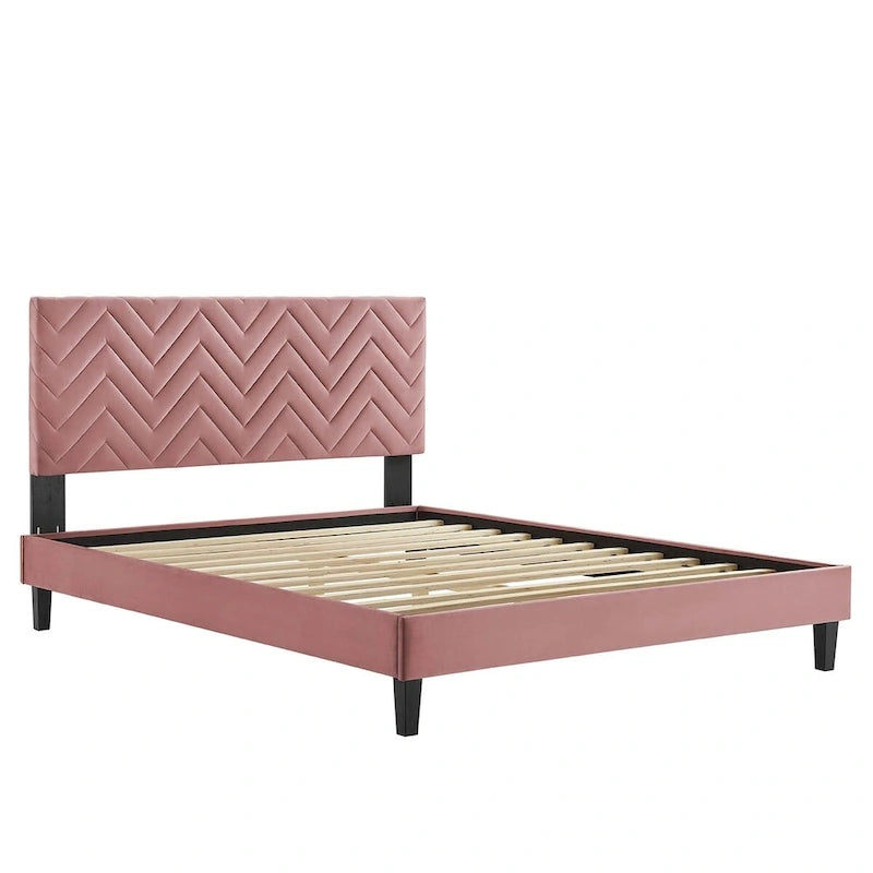 Lit Queen plateforme en velours capitonné à chevrons bleu / blanc / anthracite / rose – 1 personne