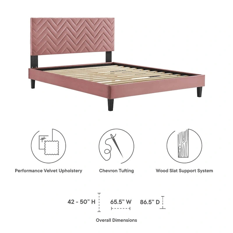 Lit Queen plateforme en velours capitonné à chevrons bleu / blanc / anthracite / rose – 1 personne