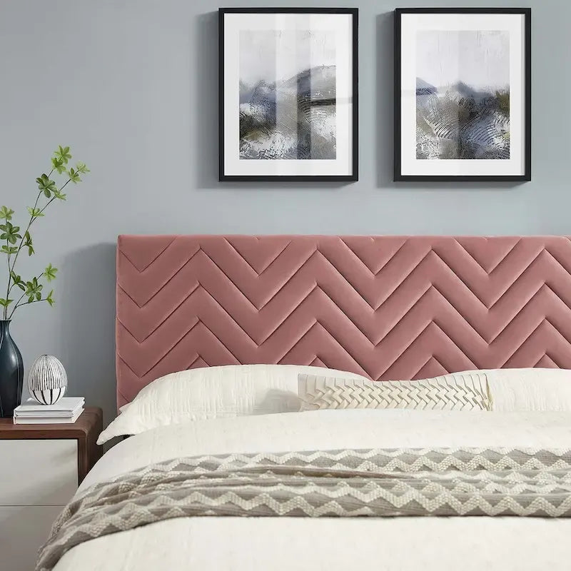Lit Queen plateforme en velours capitonné à chevrons bleu / blanc / anthracite / rose – 1 personne