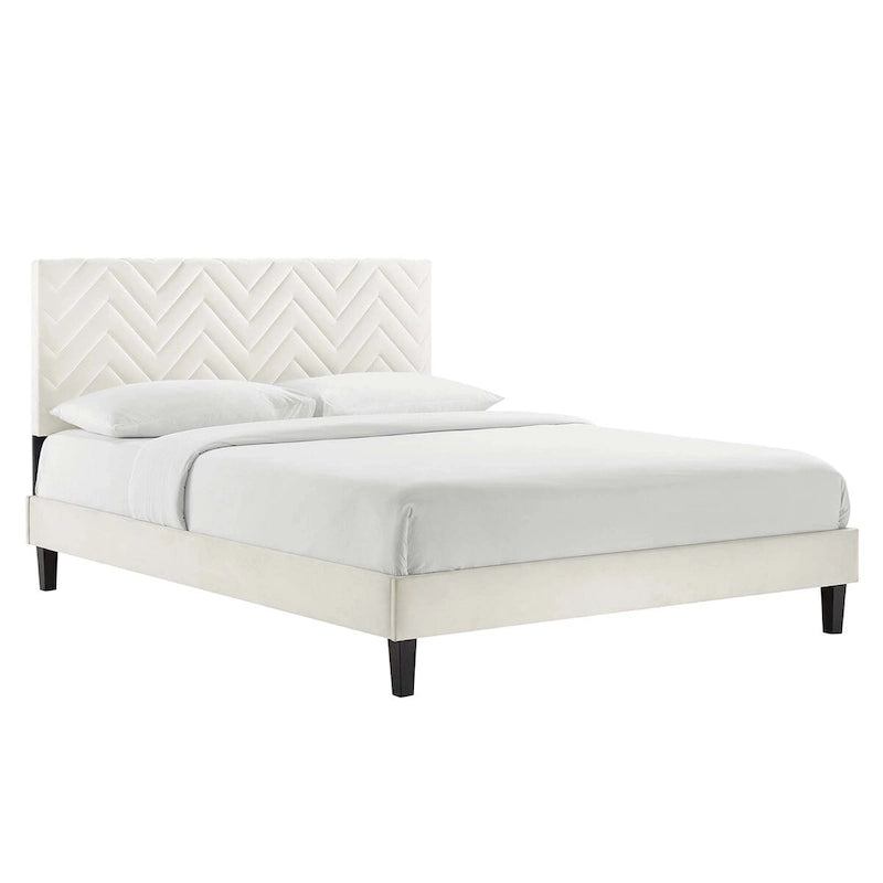 Lit Queen plateforme en velours capitonné à chevrons bleu / blanc / anthracite / rose – 1 personne
