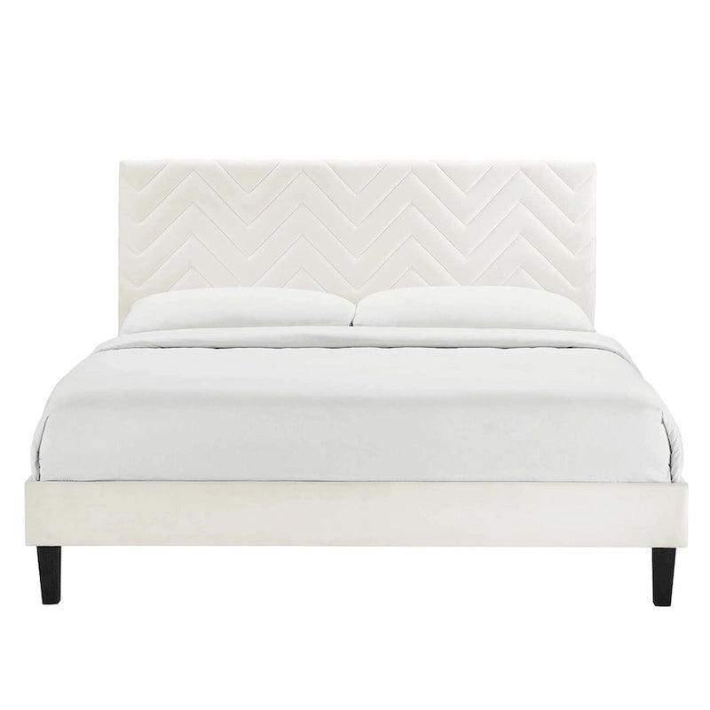 Lit Queen plateforme en velours capitonné à chevrons bleu / blanc / anthracite / rose – 1 personne