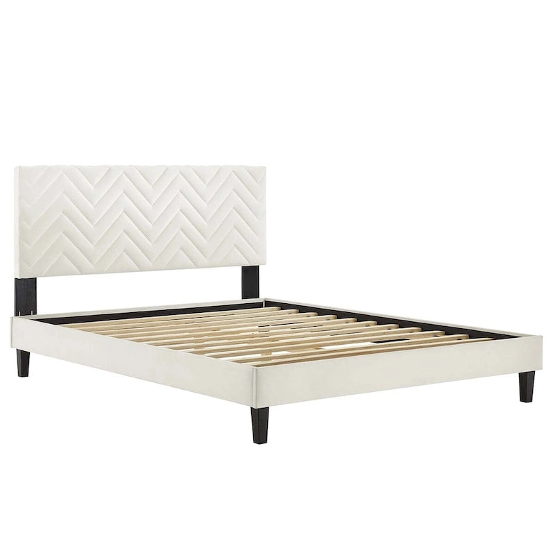 Lit Queen plateforme en velours capitonné à chevrons bleu / blanc / anthracite / rose – 1 personne
