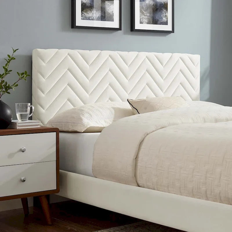 Lit Queen plateforme en velours capitonné à chevrons bleu / blanc / anthracite / rose – 1 personne