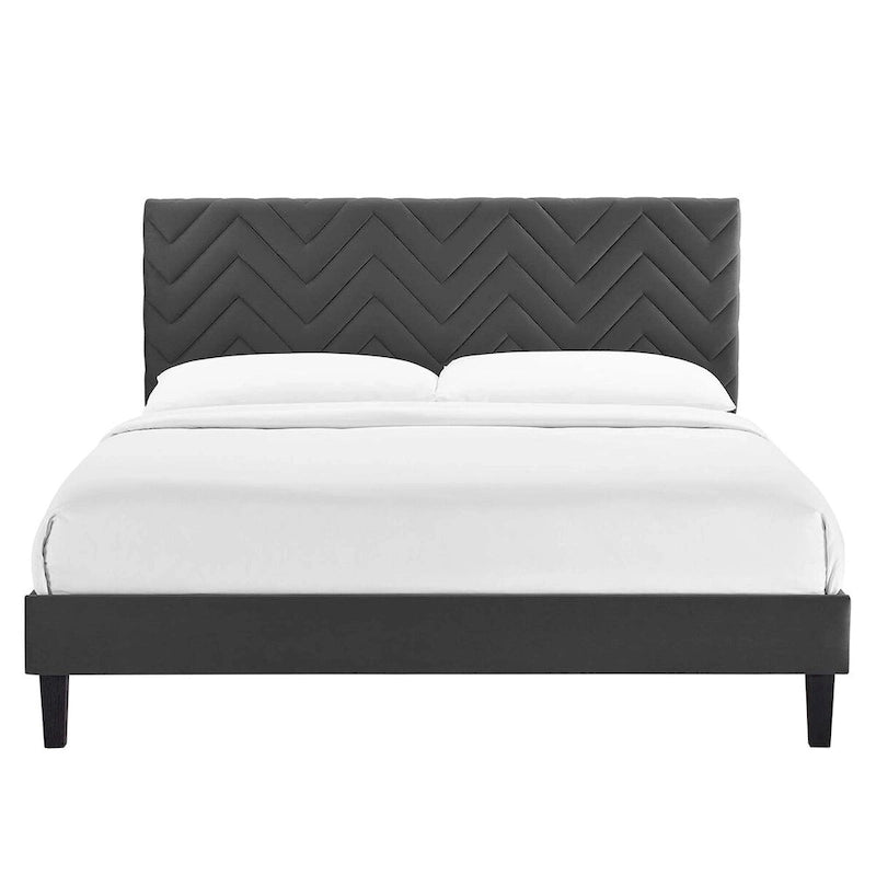 Lit Queen plateforme en velours capitonné à chevrons bleu / blanc / anthracite / rose – 1 personne