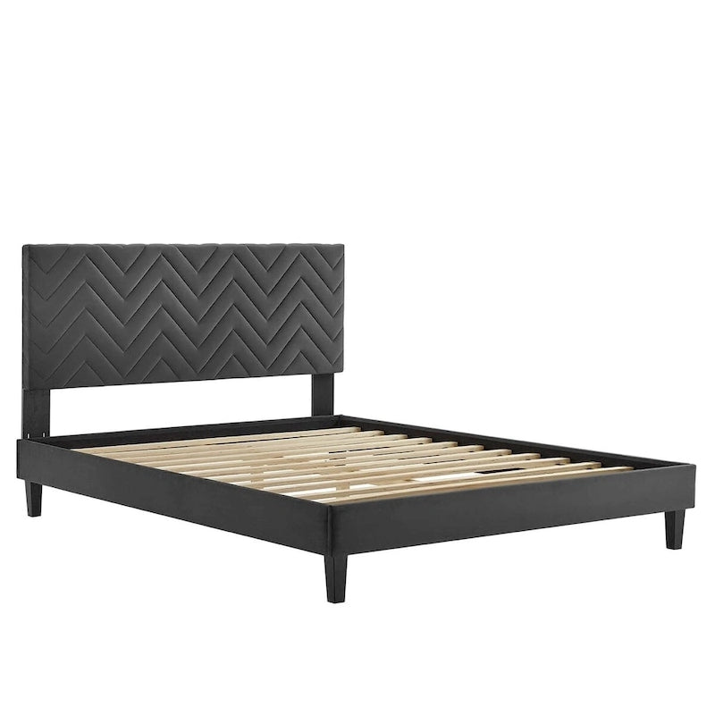 Lit Queen plateforme en velours capitonné à chevrons bleu / blanc / anthracite / rose – 1 personne