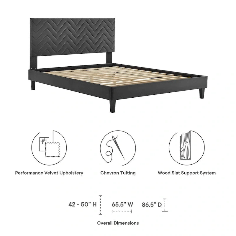 Lit Queen plateforme en velours capitonné à chevrons bleu / blanc / anthracite / rose – 1 personne