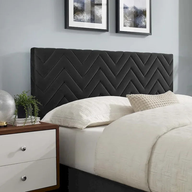 Lit Queen plateforme en velours capitonné à chevrons bleu / blanc / anthracite / rose – 1 personne