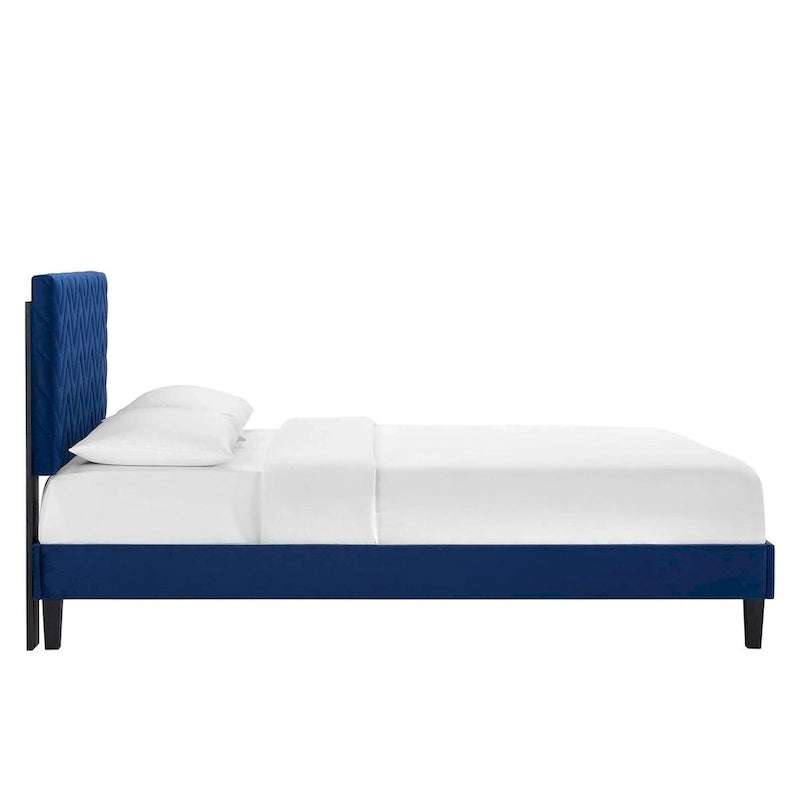 Lit Queen plateforme en velours capitonné à chevrons bleu / blanc / anthracite / rose – 1 personne
