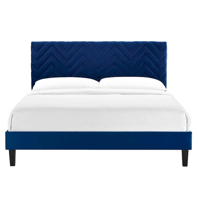 Lit Queen plateforme en velours capitonné à chevrons bleu / blanc / anthracite / rose – 1 personne