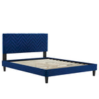 Lit Queen plateforme en velours capitonné à chevrons bleu / blanc / anthracite / rose – 1 personne
