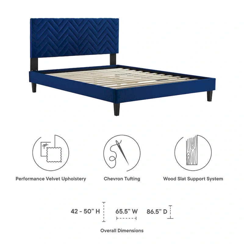 Lit Queen plateforme en velours capitonné à chevrons bleu / blanc / anthracite / rose – 1 personne