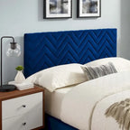 Lit Queen plateforme en velours capitonné à chevrons bleu / blanc / anthracite / rose – 1 personne