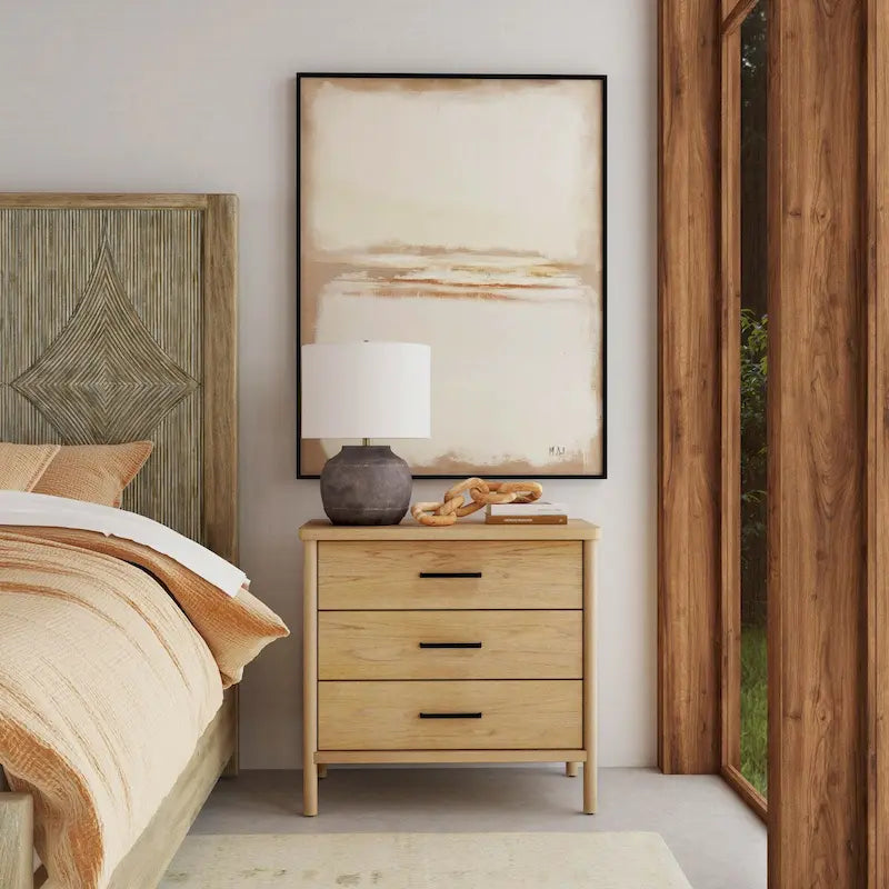 Commode 3 tiroirs marron clair/naturel avec pieds arrondis – 1 personne