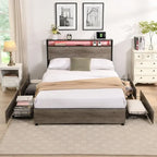 Lit plateforme queen gris antique avec tête de lit de rangement et 4 tiroirs, 1 personne