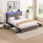 Lit plateforme queen gris antique avec tête de lit de rangement et 4 tiroirs, 1 personne